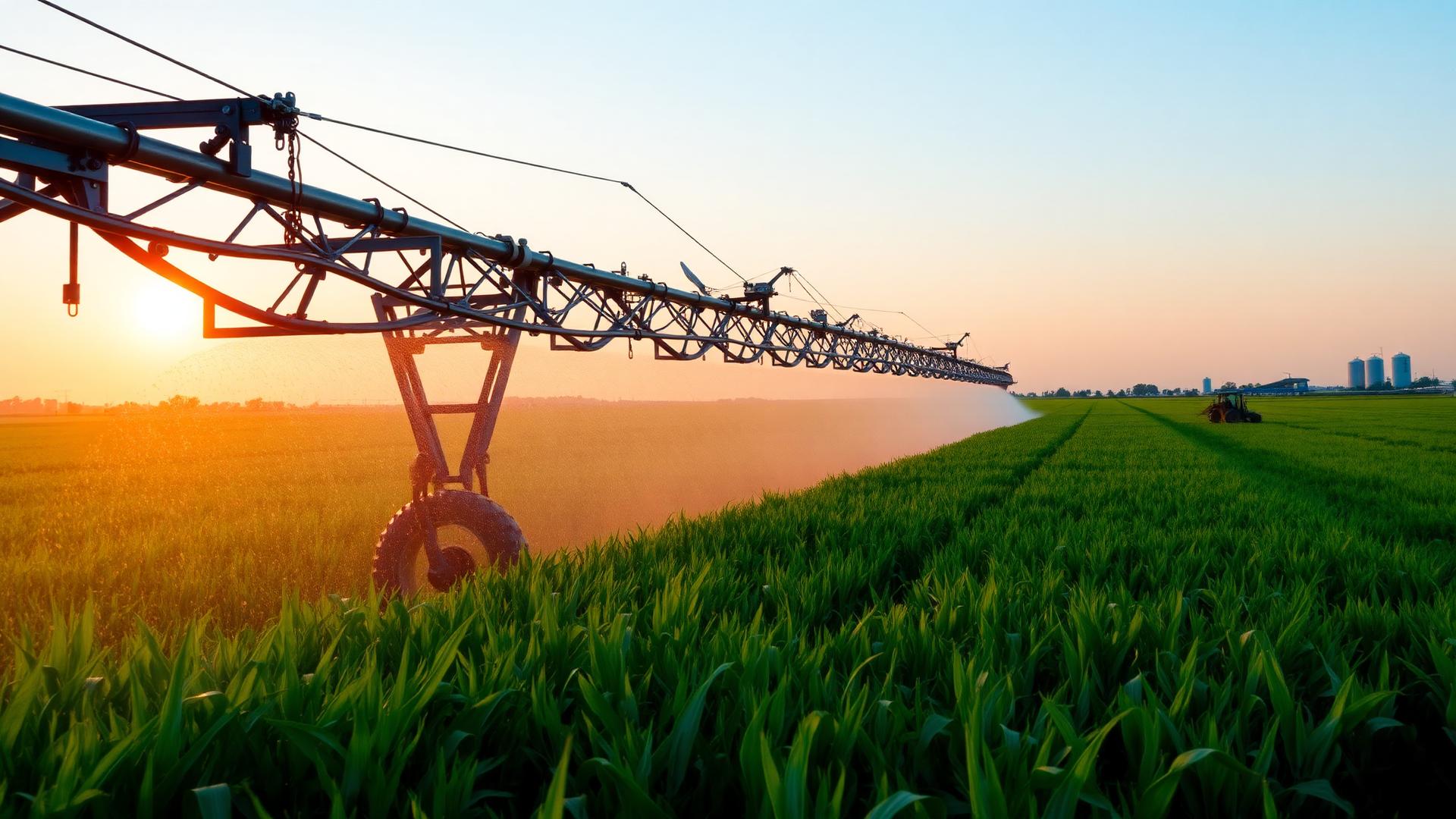 Center-pivot irrigation system watering a green field at sunset with grain silos in the distance